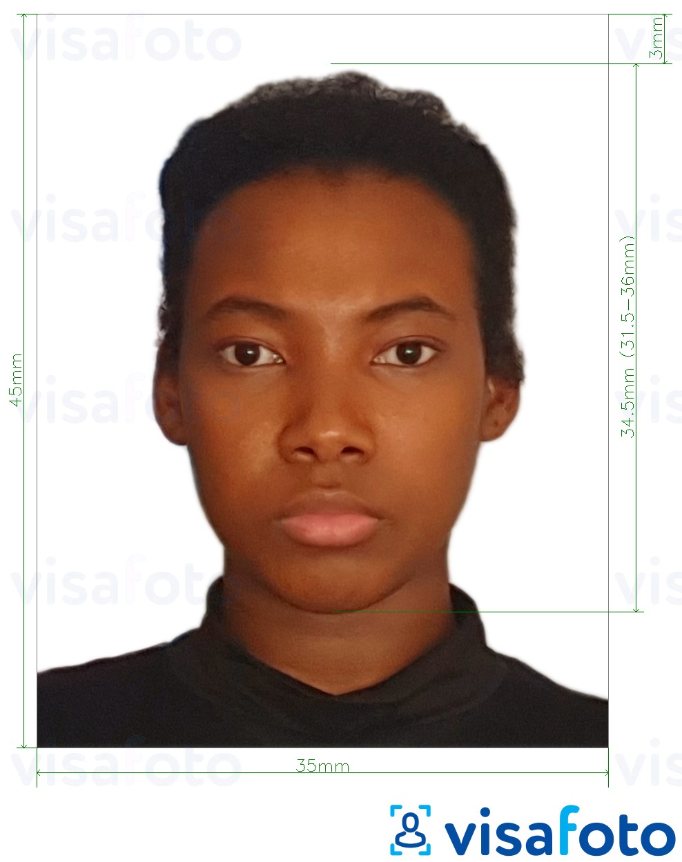 Образец фотографии для Бенинский паспорт 3.5х4.5 см (35х45 мм) с точными размерами