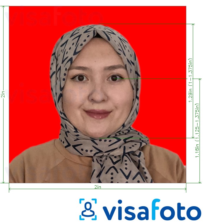 Образец фотографии для Индонезия паспорт красный фон 2х2 дюйма 51x51 мм с точными размерами