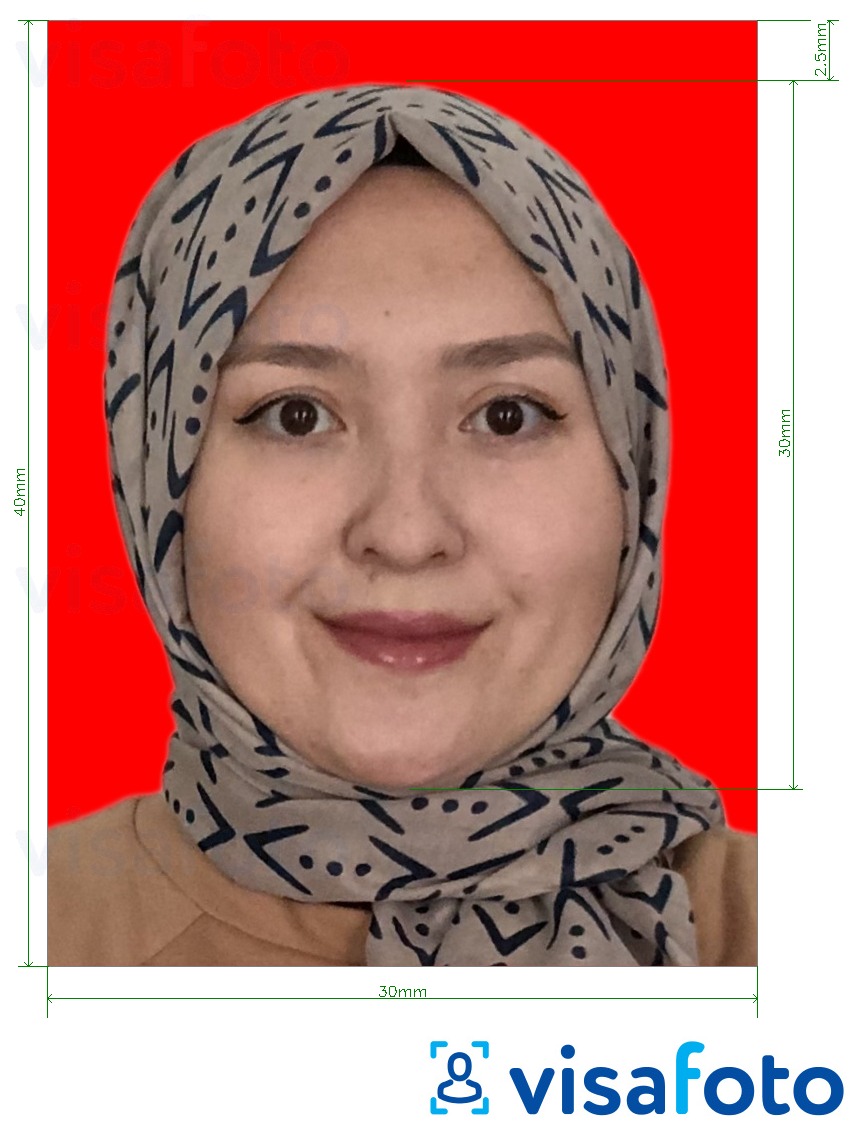 Образец фотографии для Индонезийская виза 3Х4 см (30Х40 мм) онлайн красный фон с точными размерами
