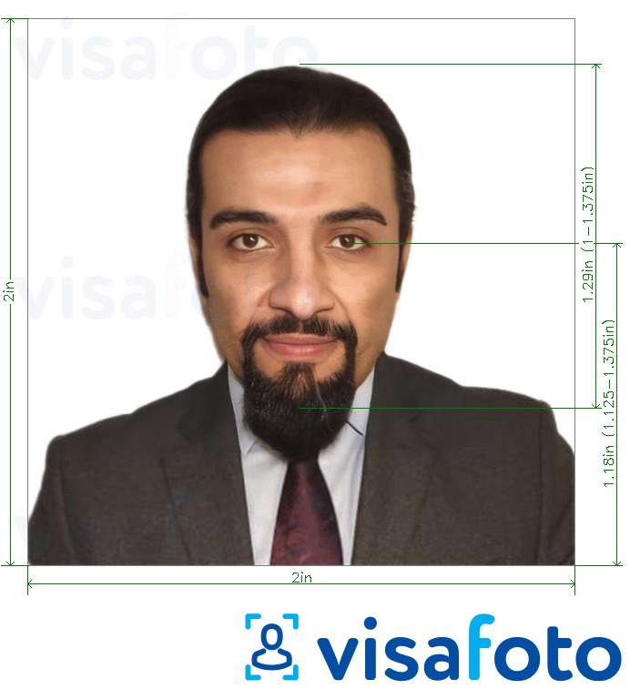 Образец фотографии для Иракская виза 5x5 см (51x51 мм, 2x2 дюйма) с точными размерами
