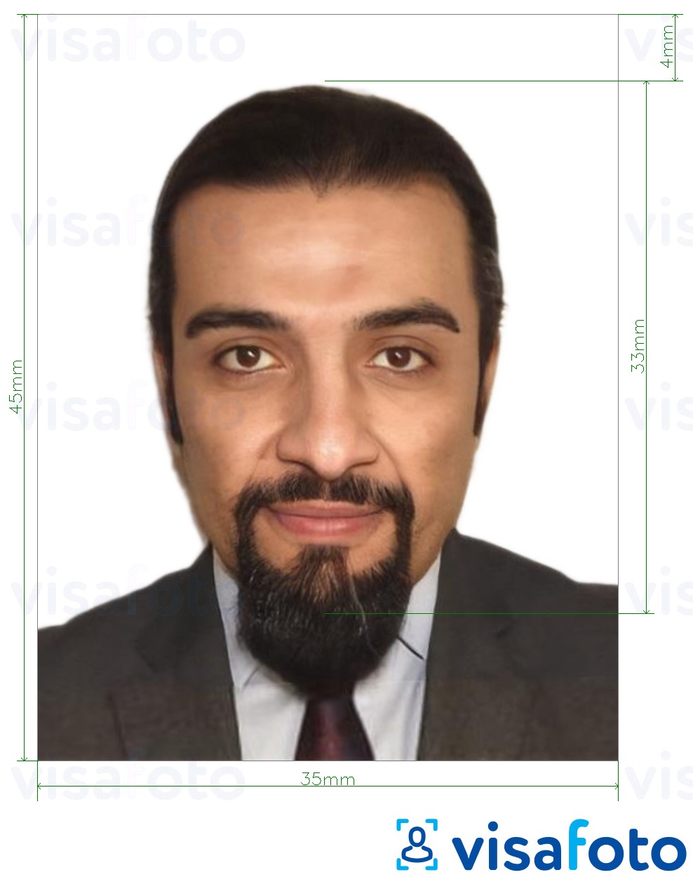 Образец фотографии для Иордания паспорт 35х45 мм с точными размерами