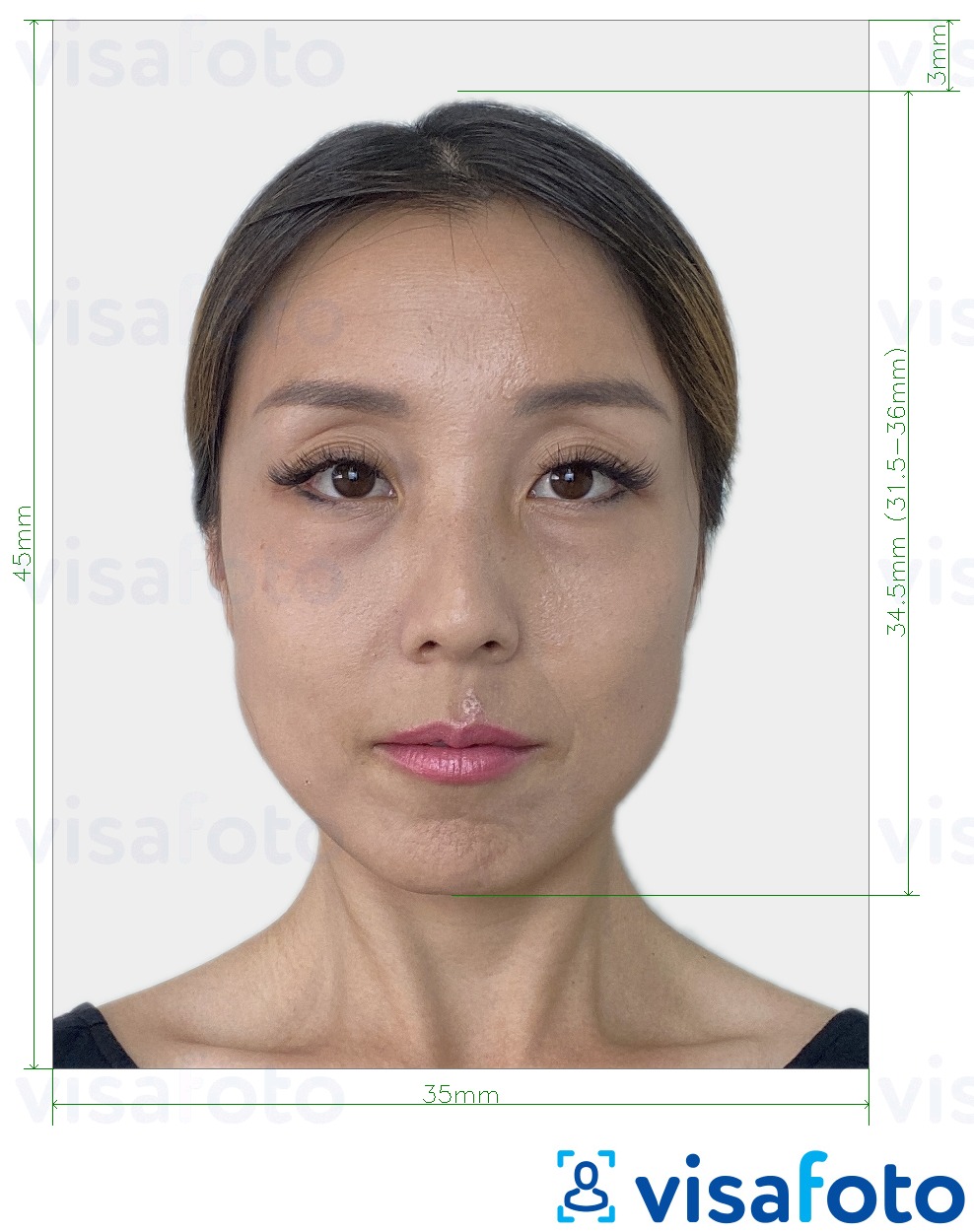Образец фотографии для Южная Корея виза 35x45 мм (3,5x4,5 см) с точными размерами