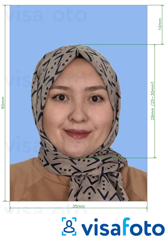 Образец фотографии для Малайзия рабочая виза 35х50 мм с точными размерами