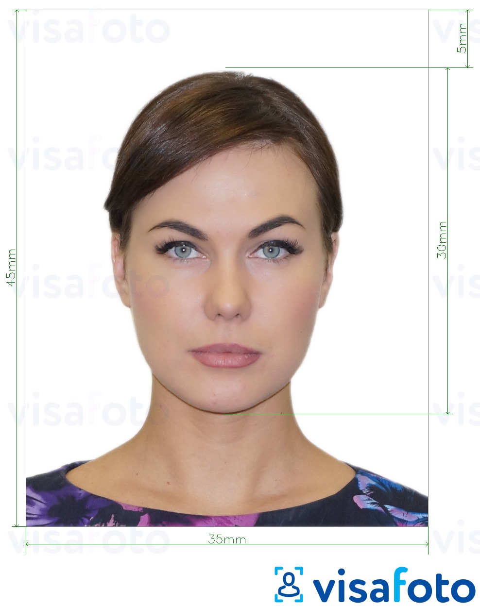 Образец фотографии для РФ виза через VFS Global 35x45 мм с точными размерами