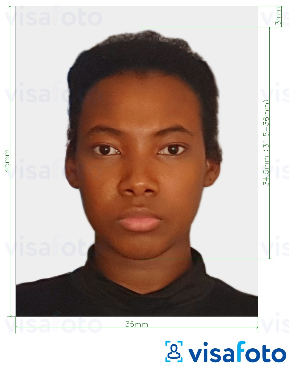 Образец фотографии для Суринамский паспорт 45x35 мм (1,77x1,37 дюйма) с точными размерами
