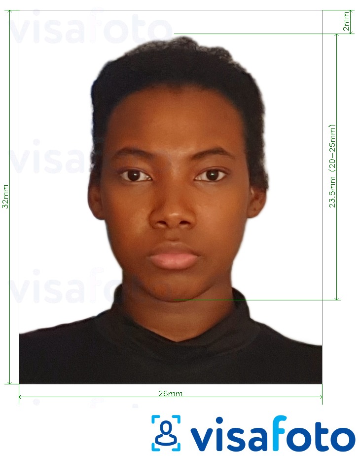 Образец фотографии для Гайана паспорт 32x26 мм (1,26x1,02 дюйма) с точными размерами