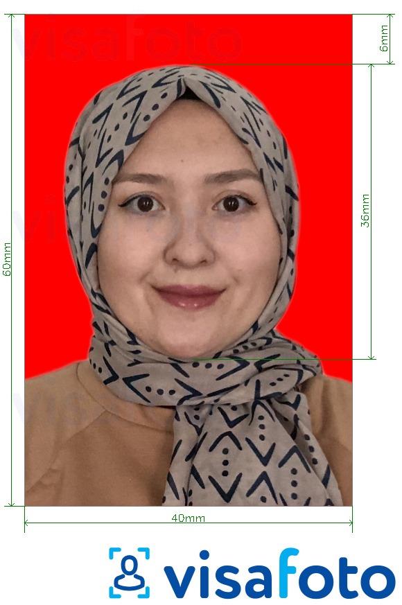 Образец фотографии для Индонезия Виза 4x6 см красный фон с точными размерами