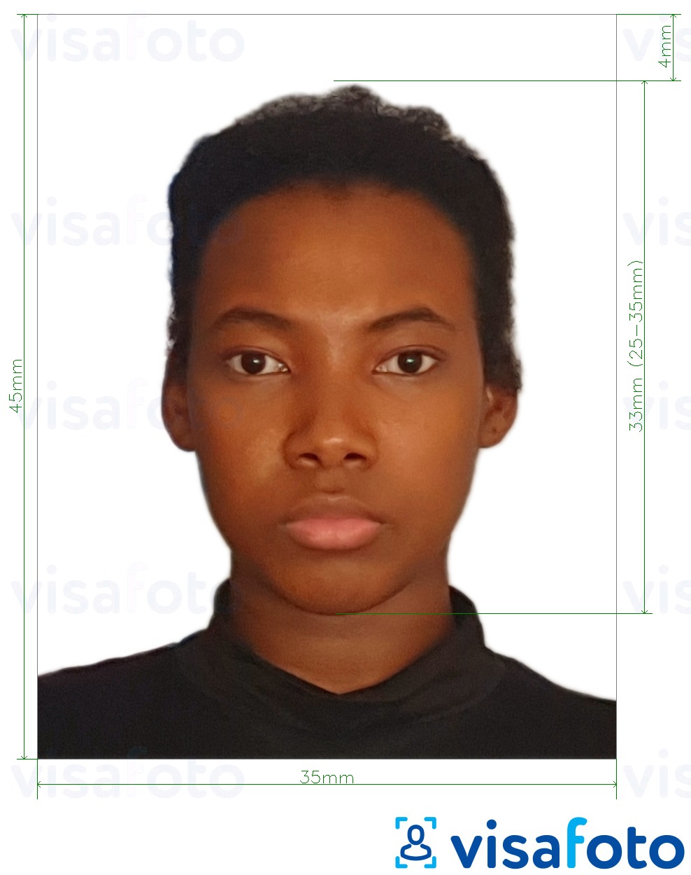 Образец фотографии для Ямайский паспорт 35x45 мм (3,5x4,5 см) с точными размерами