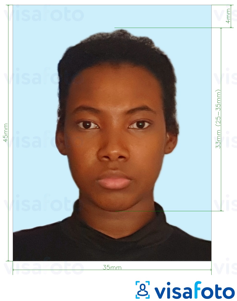 Образец фотографии для Паспорт Ямайки 35х45 мм бледно-голубой фон с точными размерами