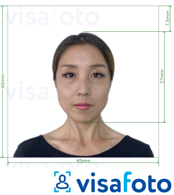Образец фотографии для Япония виза (45x45мм, голова 27мм) с точными размерами