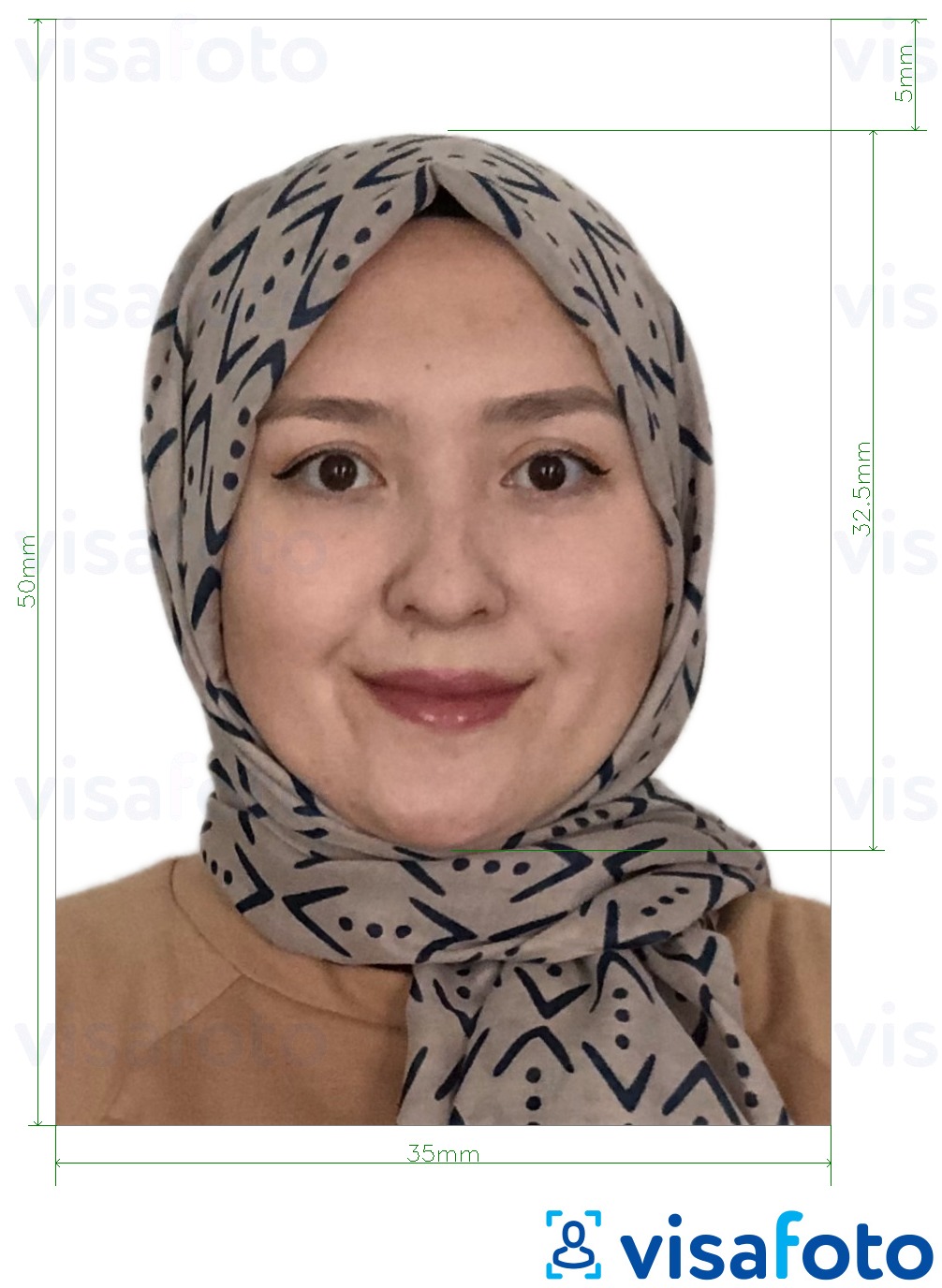 Образец фотографии для Малайзия е-виза онлайн с точными размерами