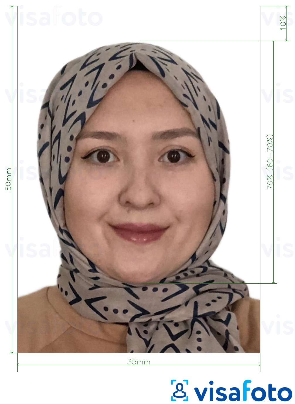 Образец фотографии для Малайзия виза 35x50 мм белый фон с точными размерами