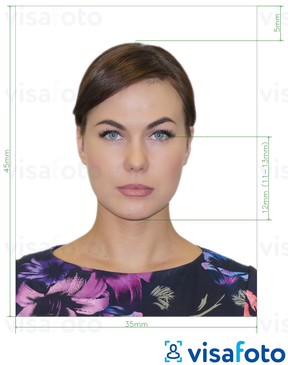 Образец фотографии для РФ паспорт (от глаз до подбородка 12 мм), 35х45 мм с точными размерами